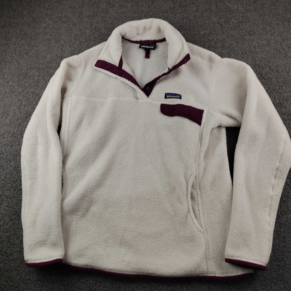 VTG Patagonia Fleece Pullover Jacket Womens XL Re-Tool Snap-T White Purple EUC